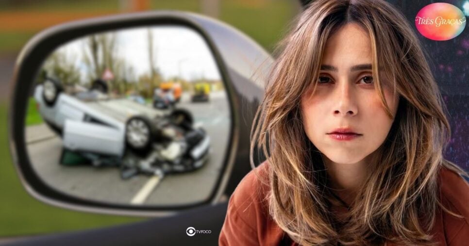Ilustração de acidente de carro e Lucélia em Três Graças (Foto: Reprodução / Globo / Montagem TV Foco)