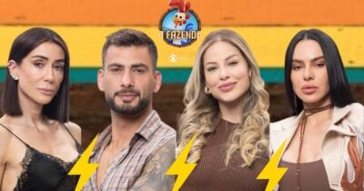 Michelle, Nizam, Saory e Tamires em A Fazenda 17 (Foto: Reprodução / Record / Montagem TV Foco)