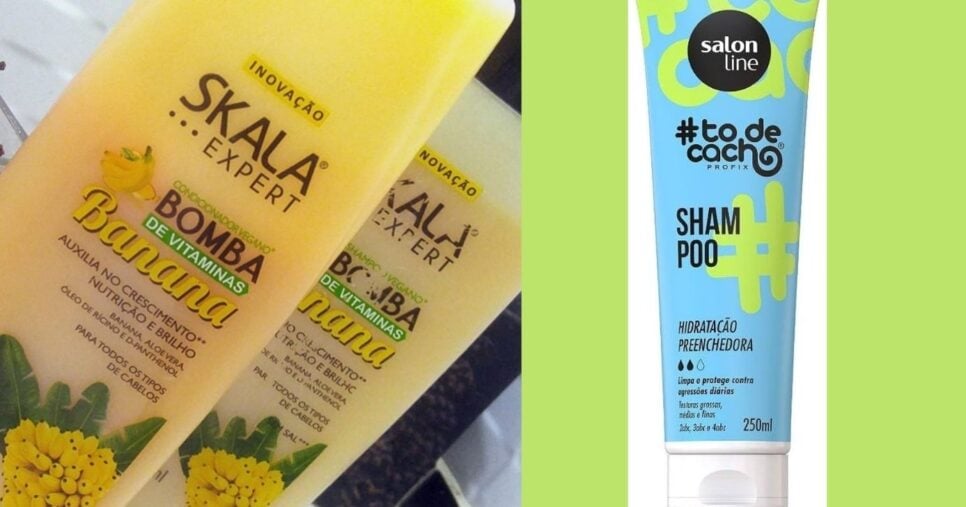 Shampoo Skala Bomba de Vitaminas com Banana/Salon Line #TôdeCacho Hidratação Preenchedora (Foto Reprodução/Montagem/TV Foco/Magazine Luíza/YouTube)