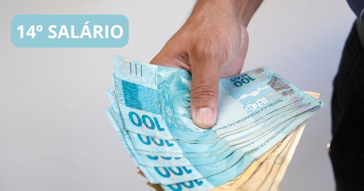 14º salário e homem segurando notas de cem e cinquenta reais (Fotos: Canva)