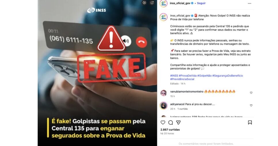 Anúncio INSS sobre golpes envolvendo Prova de Vida (Foto: Reprodução / Instagram)