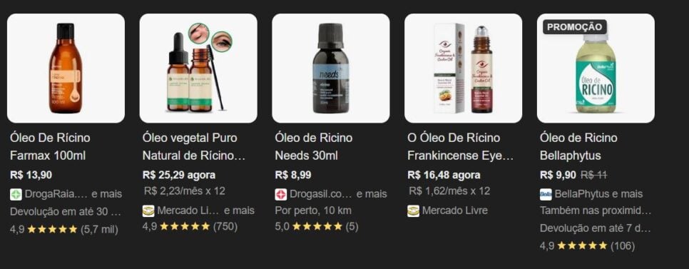 Média de valores do óleo de rícino no mercado (Foto Reprodução/Google Shopping)