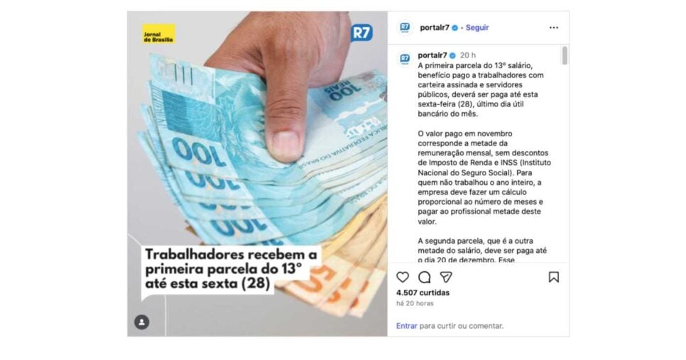 Comunicado do portal R7 sobre 13° salário (Foto: Reprodução / Instagram) 