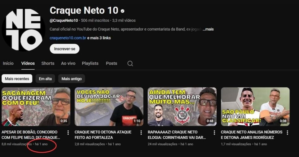 Apesar de não ter atualizações há um ano, o canal Craque Neto 10 conta com cerca de 506 mil inscritos (Foto Reprodução/YouTube)