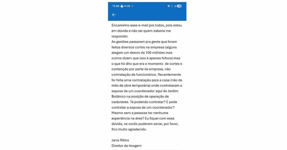E-mail de Janis Ritins (Foto: Reprodução / Instagram)