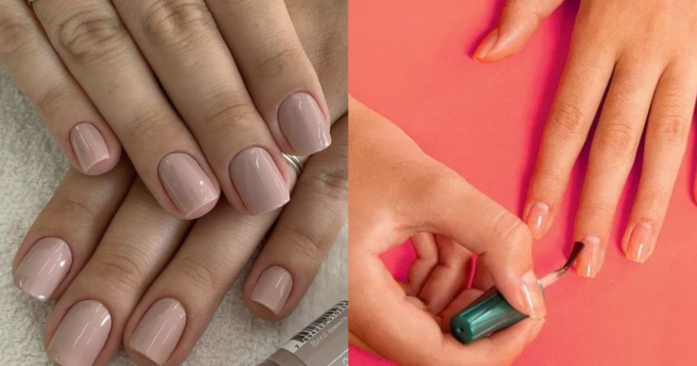Esmalte nude claro e mulher pintando as unhas (Foto: Reprodução/ Internet)