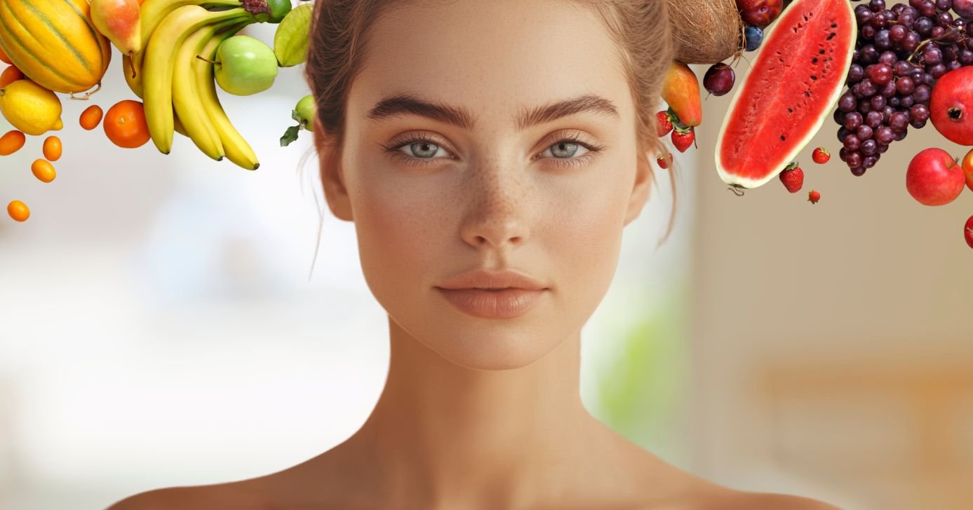 Frutas e mulher sem rugas (Fotos: Canva)