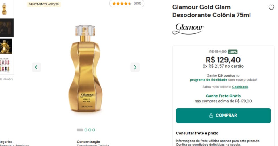 Glamour Gold Glam Desodorante Colônia 75ml (Foto: Reprodução)