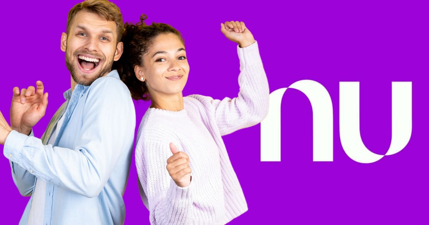 Homem, mulher e logo do Nubank (Fotos: Reproduções / Canva / Internet)