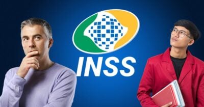 Homens e logo do INSS (Fotos: Canva)