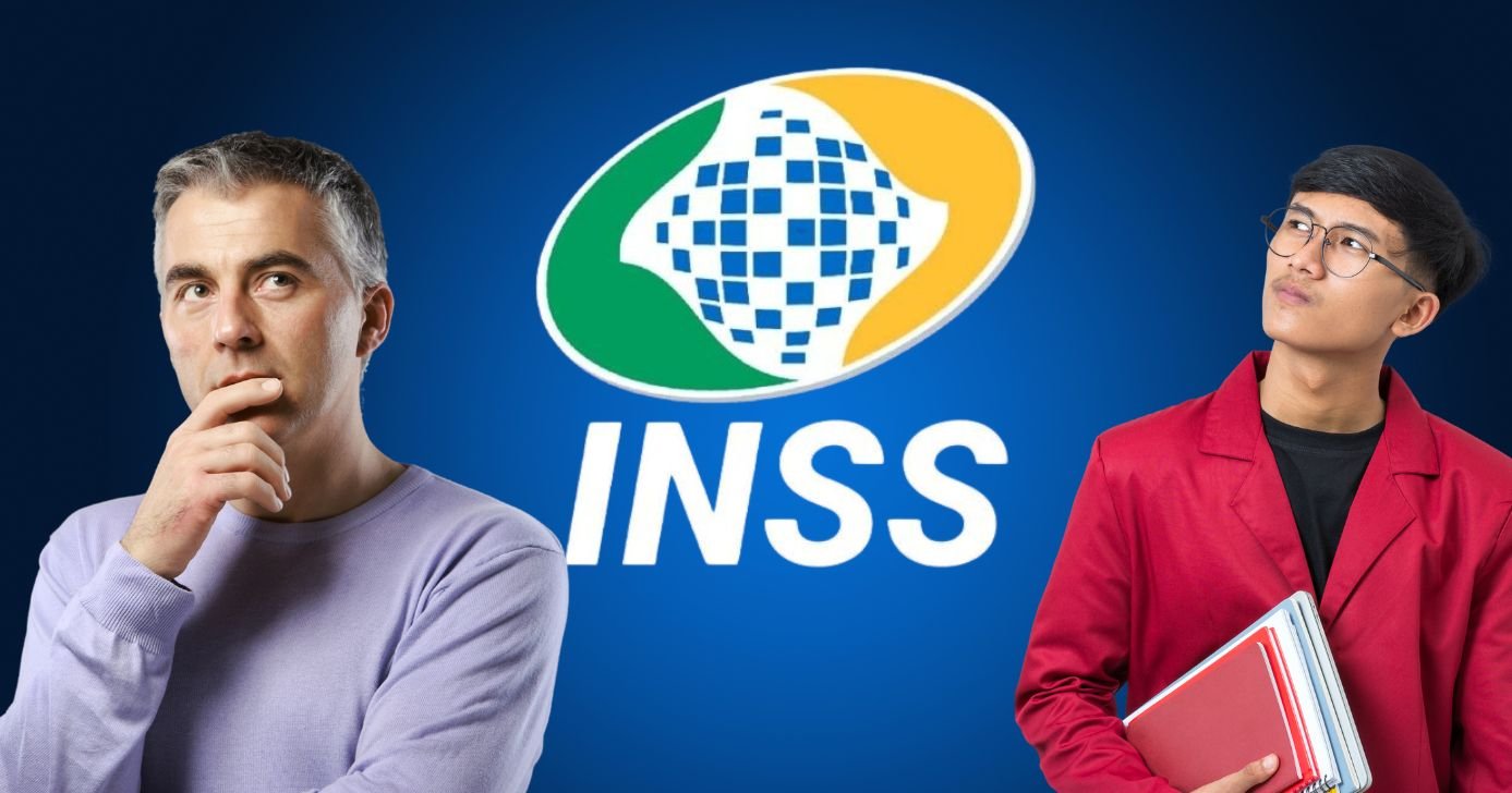 Homens e logo do INSS (Fotos: Canva)
