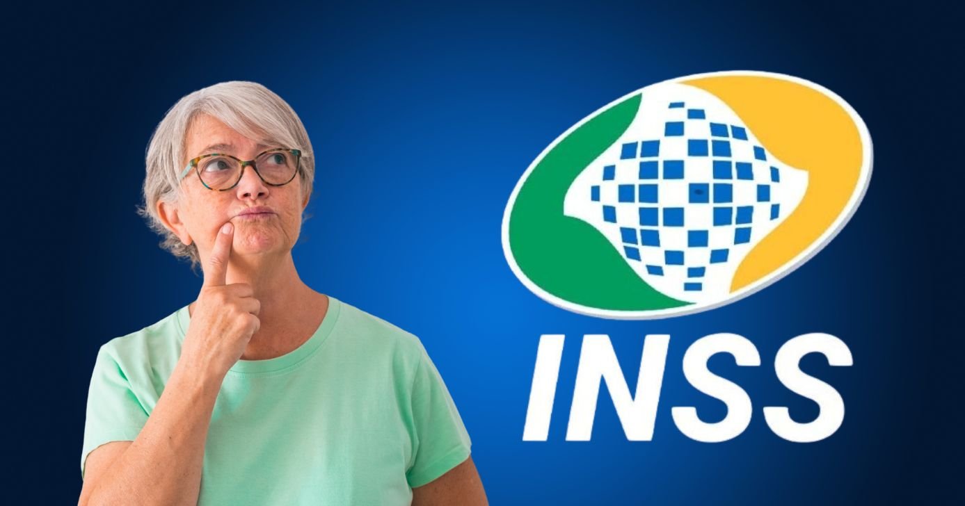 Idosa pensando e logo do INSS (Fotos: Reproduções / Canva / Internet)