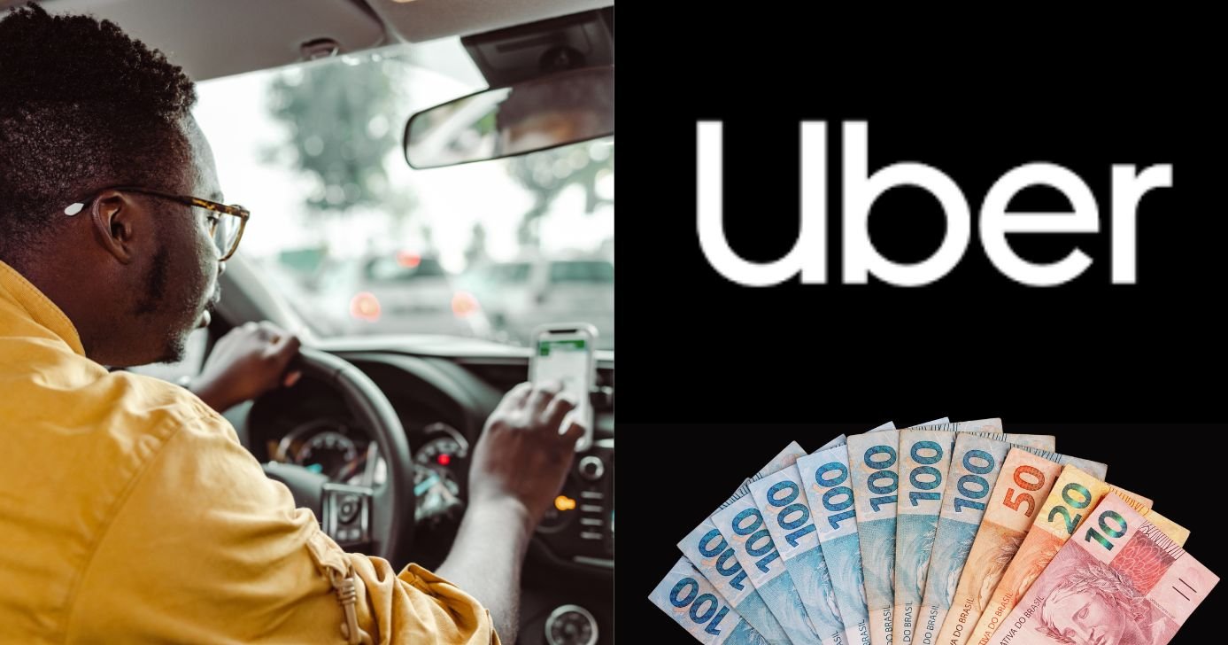 Ilustração motorista, logo Uber e notas de Real (Fotos: Reproduções / Canva / Internet)