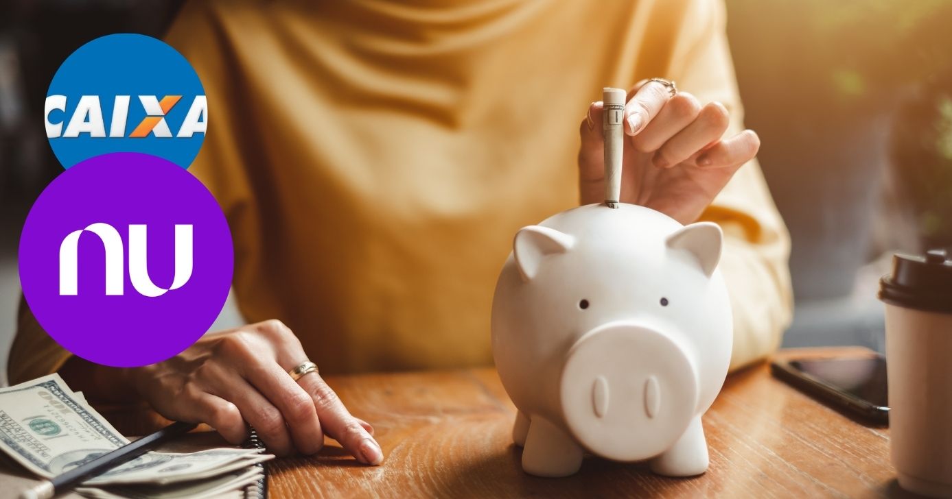 Ilustração mulher guardando dinheiro, logo Caixa, logo Nubank (Fotos: Reproduções / Canva / Internet)