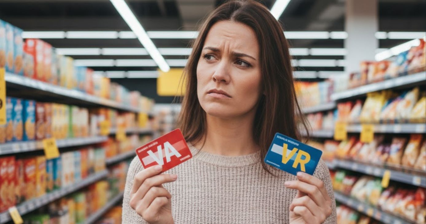 Ilustração mulher segurando vale-refeição e vale-alimentação (Foto: Montagem TV Foco / Canva / GMN)