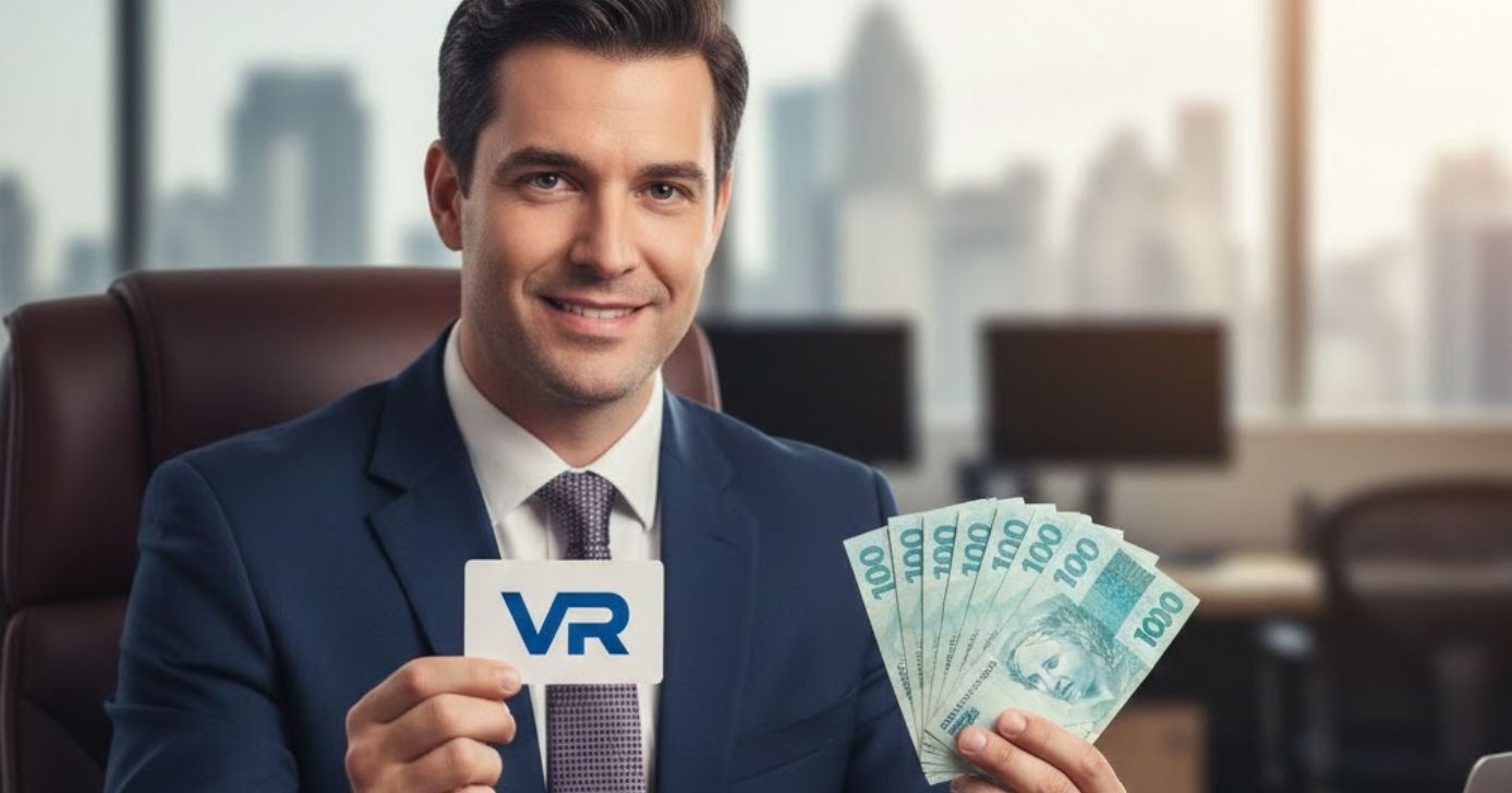 Ilustração trabalhador segurando cartão do VR e notas de cem reais (Fotos: Montagem TV Foco / GMN / Canva)