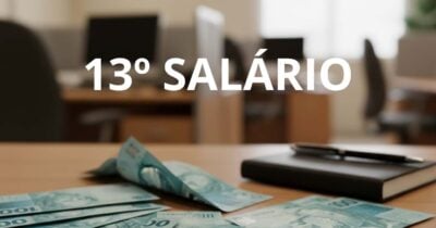 Ilustrações escritório, 13º salário e notas de cem reais (Fotos: Reproduções / Canva / GMN)