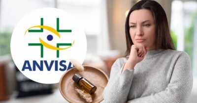Logo Anvisa, ilustração de óleo e mulher preocupada (Fotos: Reproduções / Canva / Internet)
