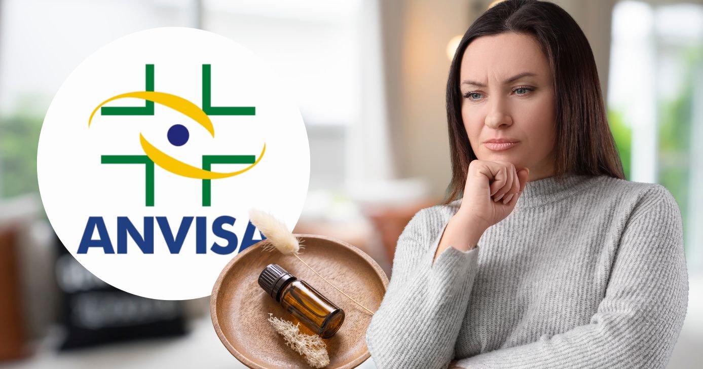 Logo Anvisa, ilustração de óleo e mulher preocupada (Fotos: Reproduções / Canva / Internet)