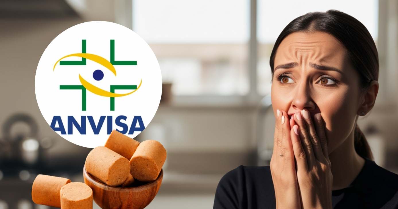 Logo Anvisa, ilustração paçoca e mulher assustada (Fotos: Reproduções / Internet / Canva / GMN)