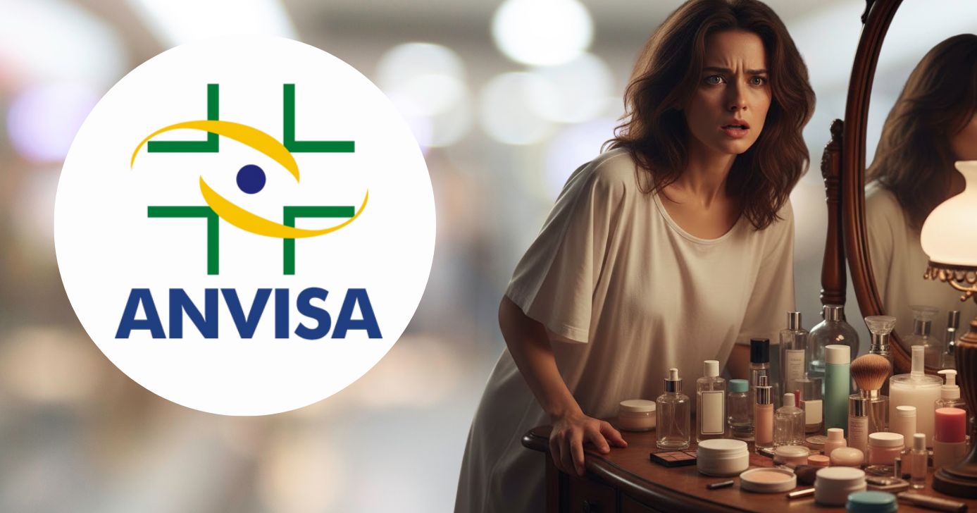 Logo Anvisa, mulher assustada e produtos de beleza (Fotos: Reproduções / Canva / GMN)