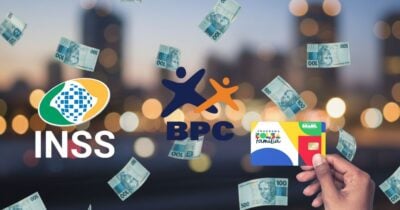 Logo INSS, BPC, pessoa segurando cartão do Bolsa Família e notas de cem reais (Fotos: Reproduções / Canva / Internet / Site oficial do PT)