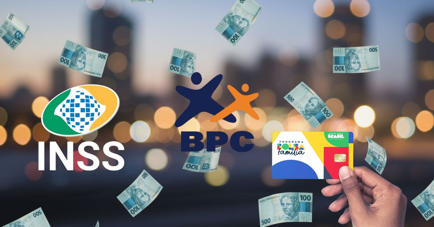 Logo INSS, BPC, pessoa segurando cartão do Bolsa Família e notas de cem reais (Fotos: Reproduções / Canva / Internet / Site oficial do PT)