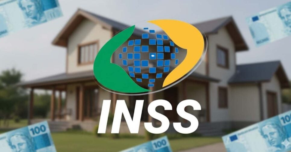 Logo INSS, ilustração casa e notas de cem reais (Fotos: Reproduções / Internet / Canva / GMN)