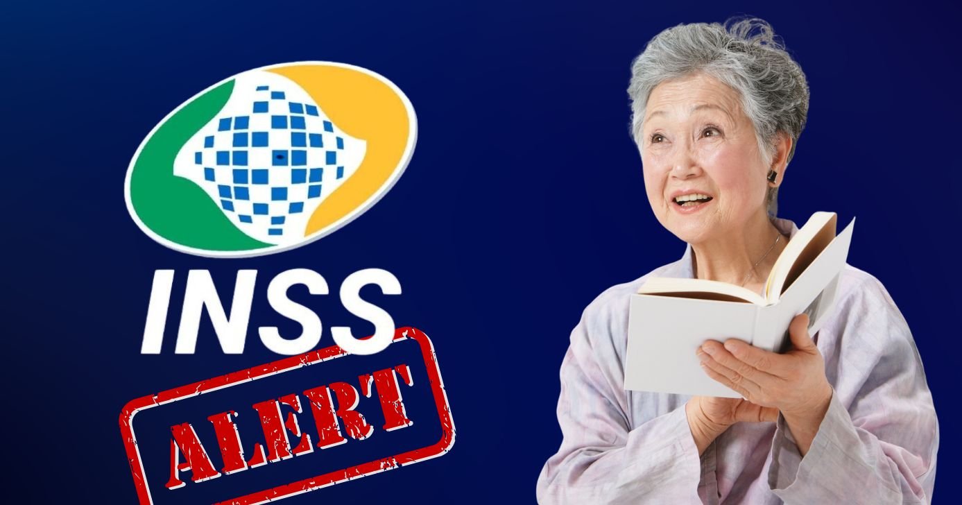 Logo INSS, logo alerta e idosa (Fotos: Reproduções / Internet / Canva)