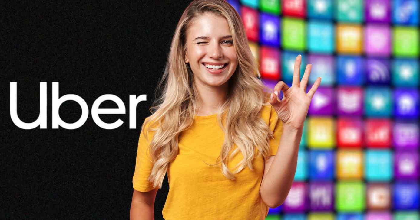 Logo Uber, mulher feliz e ilustração aplicativos (Fotos: Canva)