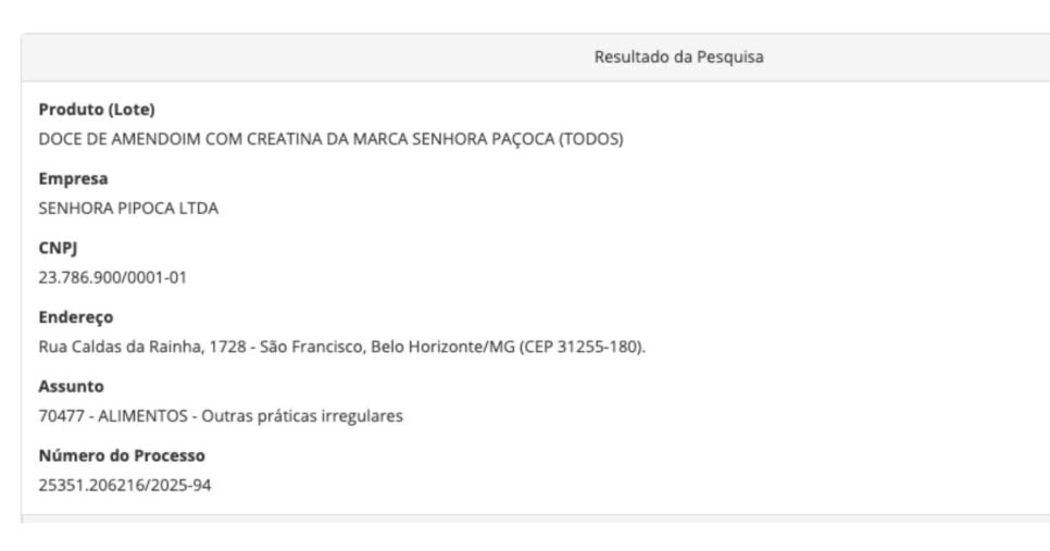Medida da Anvisa contra lotes do Doce de Amendoim com Creatina (Foto: Reprodução / site oficial)