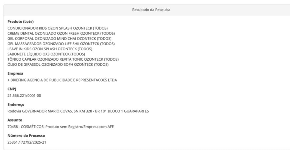 Medida Anvisa dos produtos da Ozonteck (Foto: Reprodução / Anvisa)