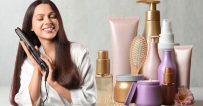 Mulher com cabelo liso e produtos (Fotos: Canva)