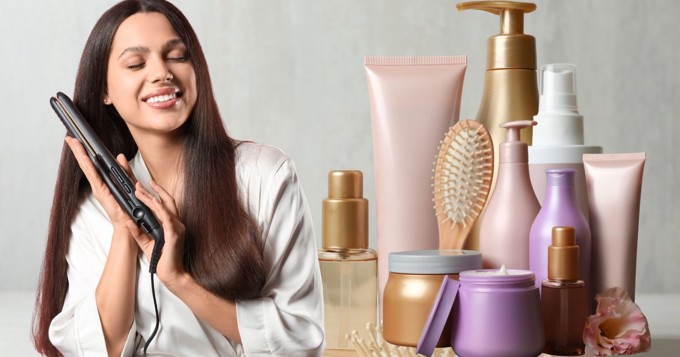 Mulher com cabelo liso e produtos (Fotos: Canva)
