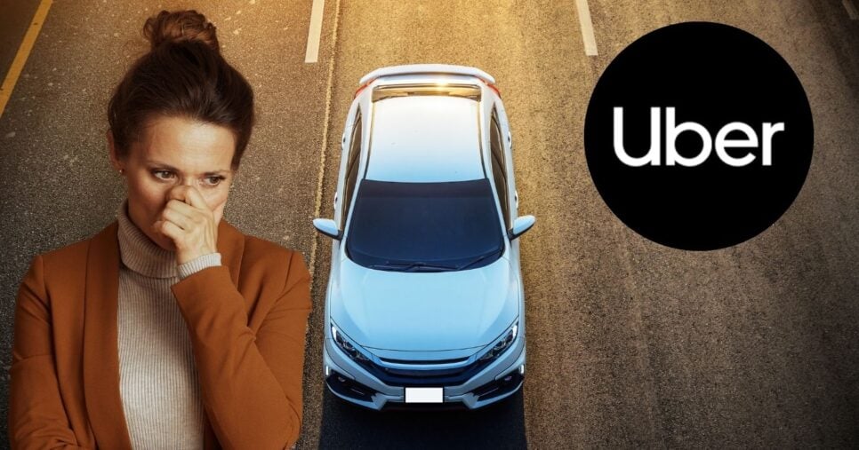Mulher preocupada, carro em estrada e logo Uber (Fotos: Reproduções / Canva / Internet)