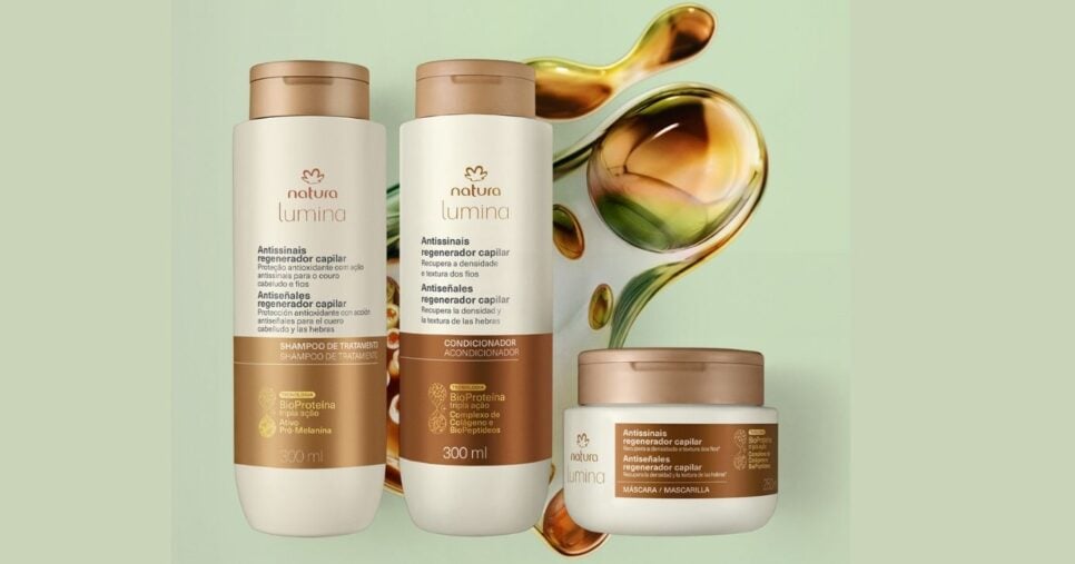 Shampoo, condicionador e máscara da linha antissinais da Natura (Foto Reprodução/Montagem/Canva/site oficial)