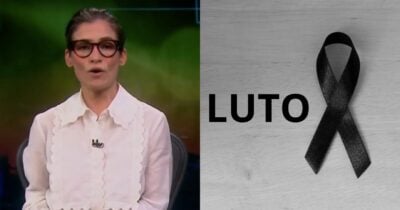 Renata Vasconcellos no Jornal Nacional e imagem de luto (Fotos: Reproduções / Globo / Canva)