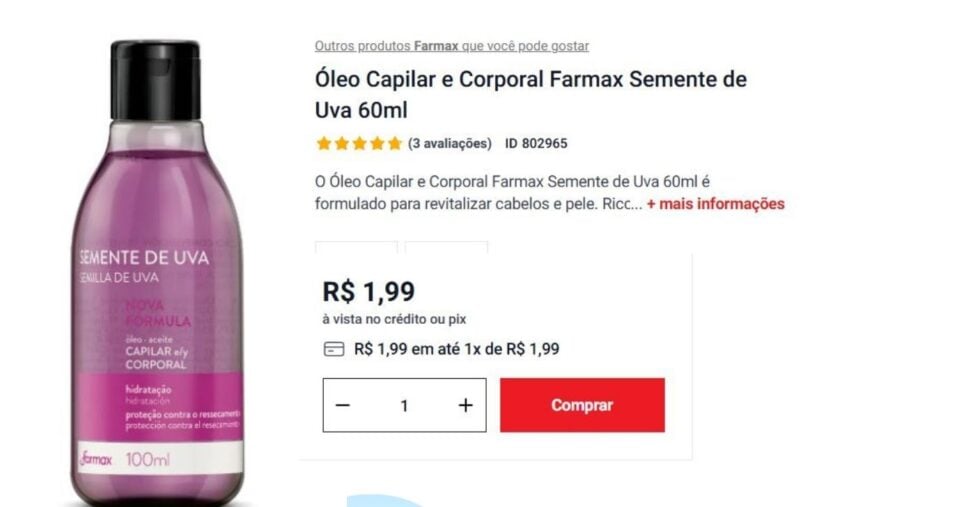 Óleo de Semente de Uva da Farmax (Foto Reprodução/Atacadão)