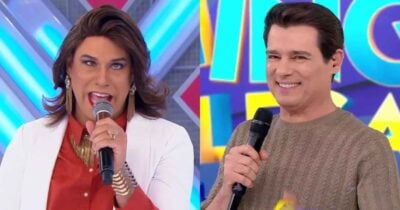 Tiago Barnabé como Narcisa e Celso Portiolli no Domingo Legal (Fotos: Reproduções / Globo)