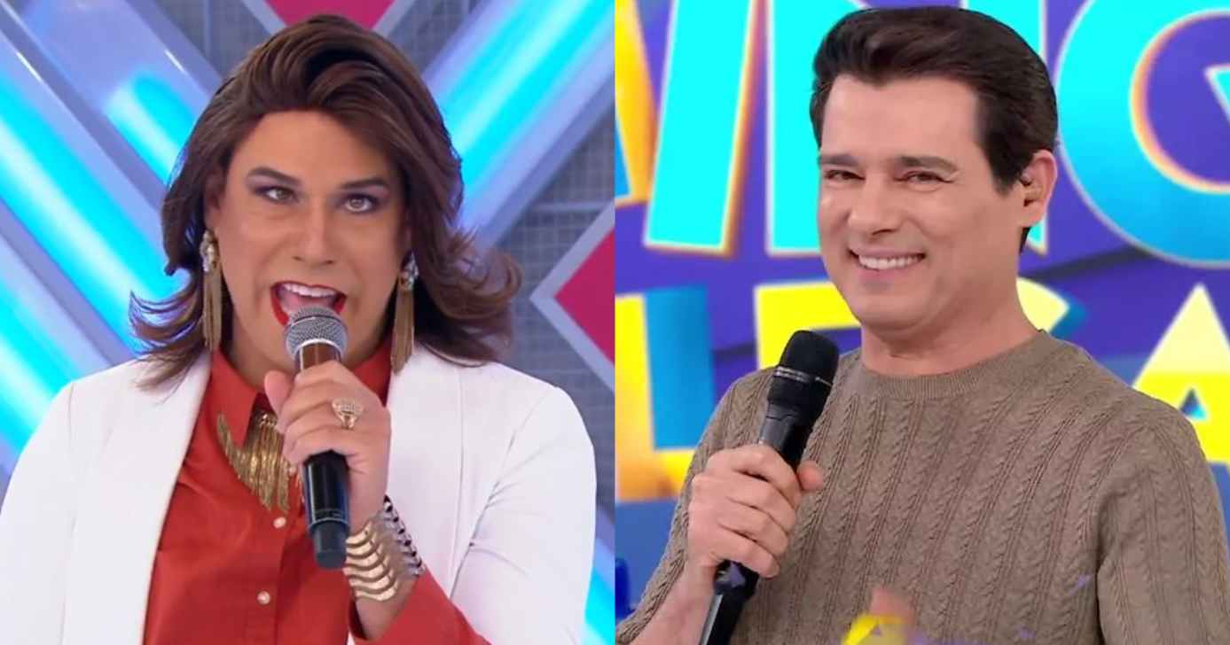 Tiago Barnabé como Narcisa e Celso Portiolli no Domingo Legal (Fotos: Reproduções / Globo)