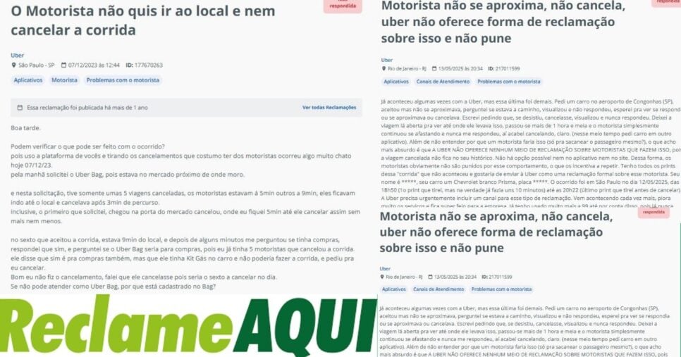 Reclamações da Uber no Reclame Aqui (Foto Reprodução/Montagem/Lennita/TV Foco/Reclame Aqui)
