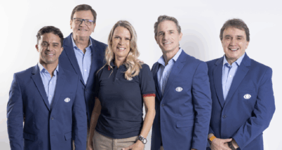 Max Wilson, Sergio Mauricio, Mariana Becker, Felipe Giaffone e Reginaldo Leme estão na equipe de transmissão da Fórmula 1. Crédito: Renato Pizzutto/Band