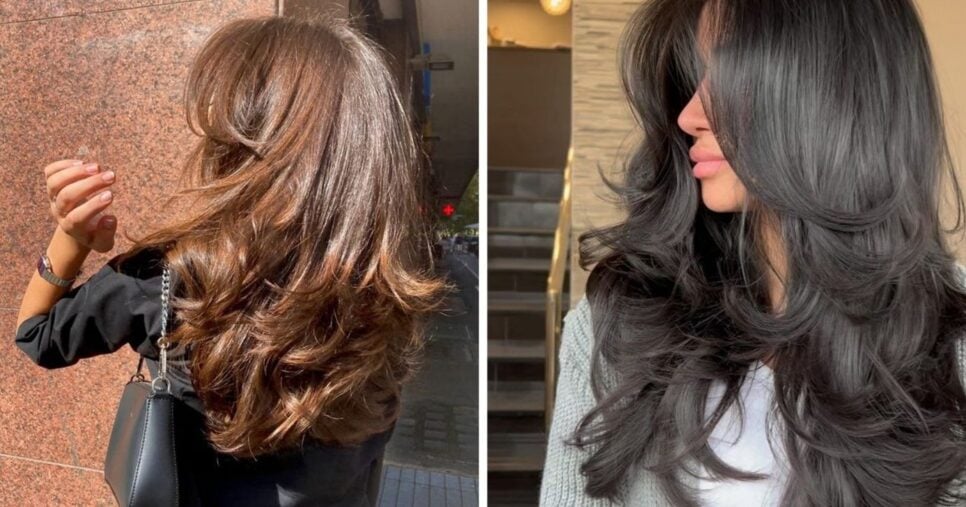 Corte em camadas valoriza o rosto e ainda permite estilizar o cabelo sem reduzir seu comprimento (Foto Reprodução/Montagem/Lennita/TV Foco/Canva/Pinterest)