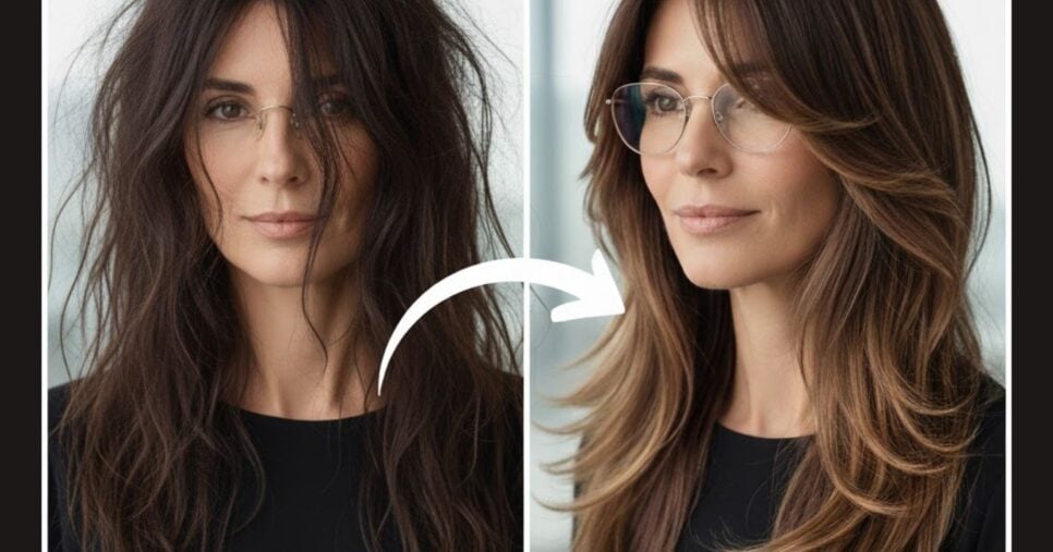 Camadas longas com franja leve - Antes e depois (Foto Reprodução/Montagem/Lennita/GMN/Canva)