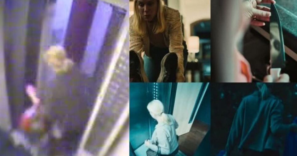 Filmagens reais do elevador com Elize e as malas com o corpo do marido, amplamente televisionadas/ Cena da sequência do assassinato dramatizado na série Tremembé (Foto Reprodução/Montagem/Lennita/TV Foco/YouTube/ Prime)