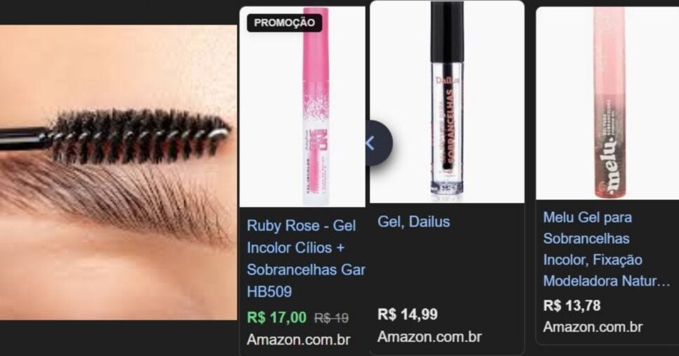 Gel para sobrancelha (Foto Reprodução/Montagem/Canva/Amazon/TV Foco/Lennita)