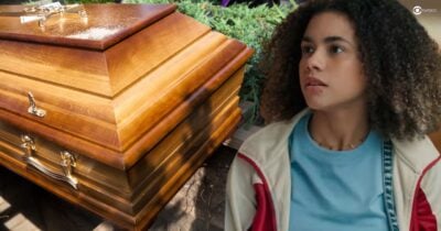 Ilustração de defunto e Joélly em Três Graças (Foto: Reprodução / Globo / Montagem TV Foco)