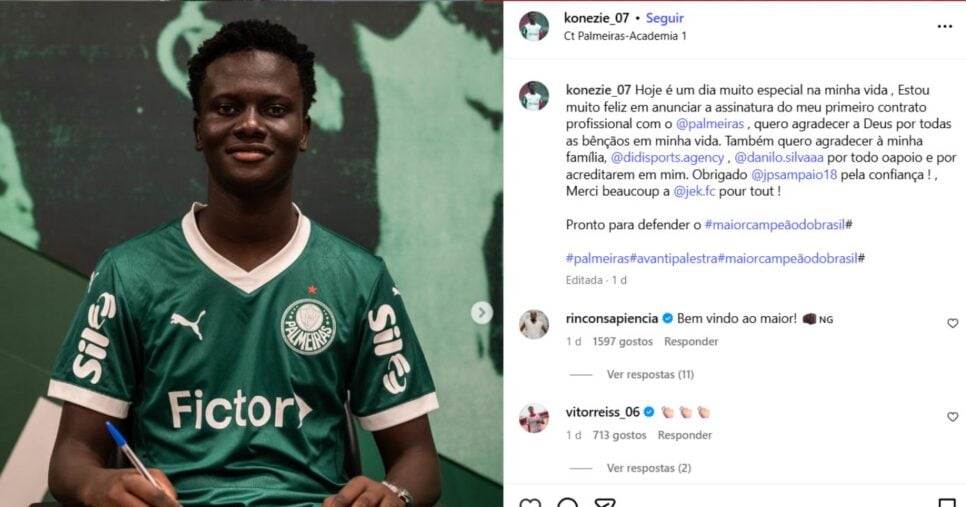 Koné, novo reforço da base palmeirense - Foto: Print/Instagram
