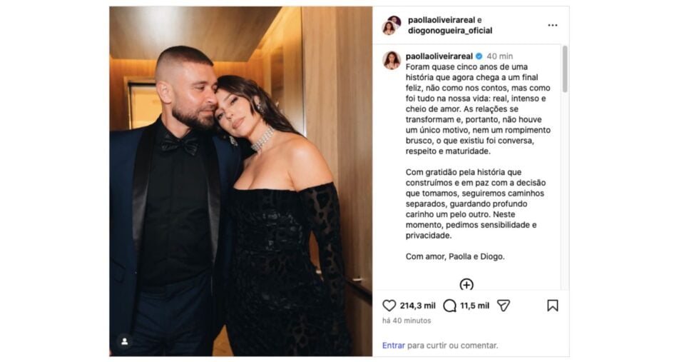 Anúncio de separação de Paolla Oliveira e Diogo Nogueira (Foto: Reprodução / Instagram)