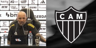 Jorge Sampaoli e logo do Atlético-MG - Montagem TV Foco/ Reprodução Youtube - Galo TV